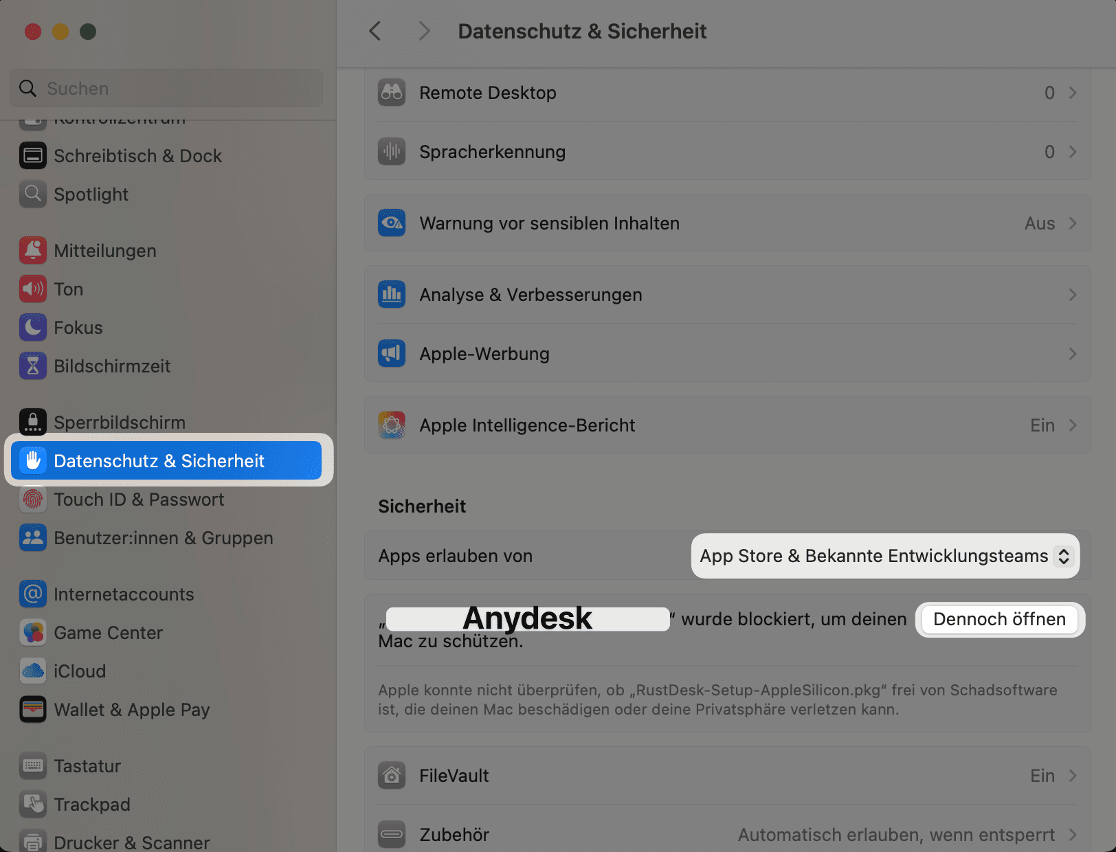 Systemeinstellungen → „Dennoch öffnen"