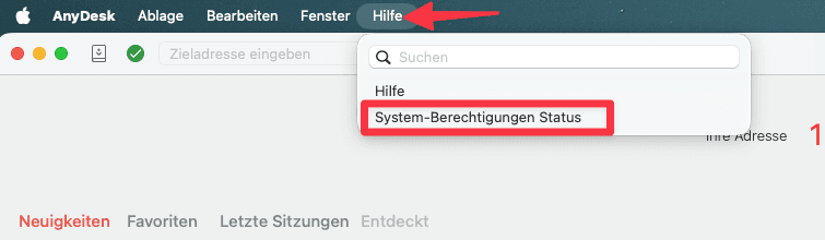 AnyDesk-Menü Hilfe → System-Berechtigungen Status