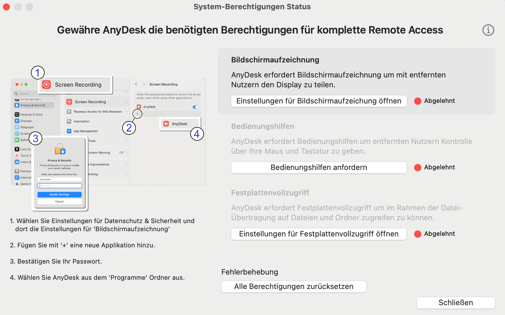 AnyDesk „Berechtigungen fehlen"