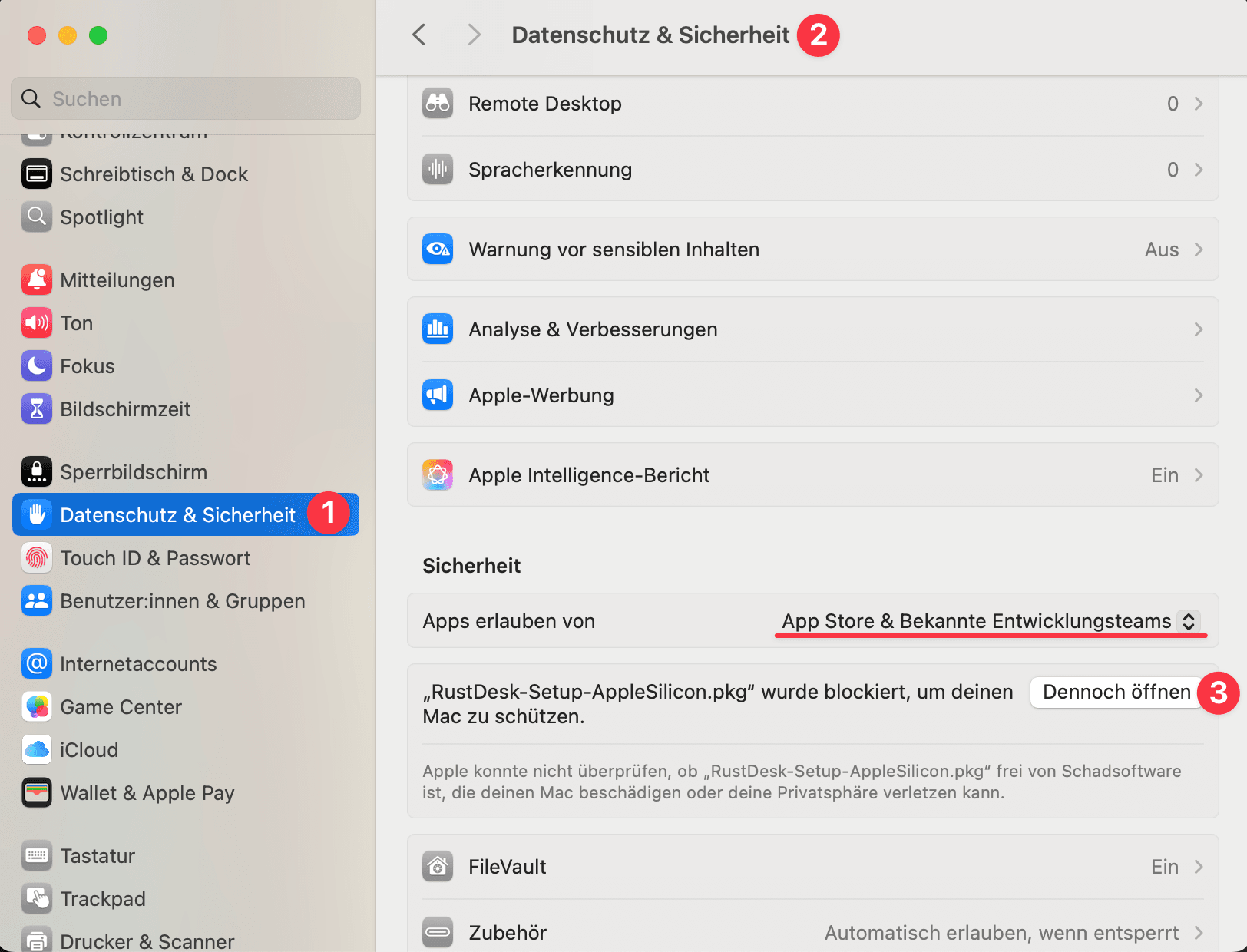 Systemeinstellungen → „Dennoch öffnen"