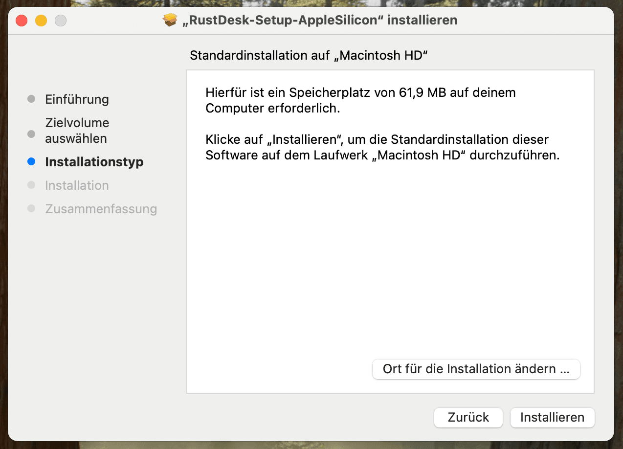 Installer-Fenster mit Installationsschritten
