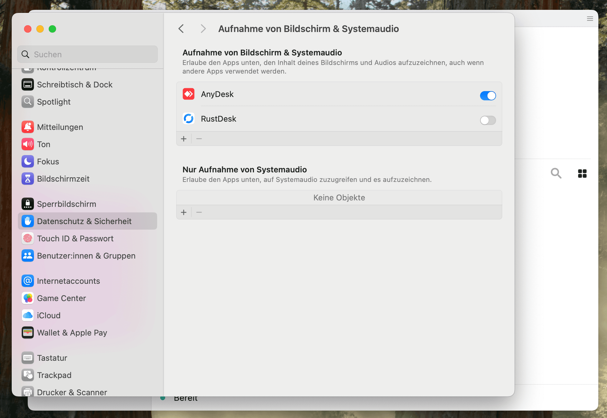 Systemeinstellungen → Bildschirmaufnahme → RustDesk aktivieren