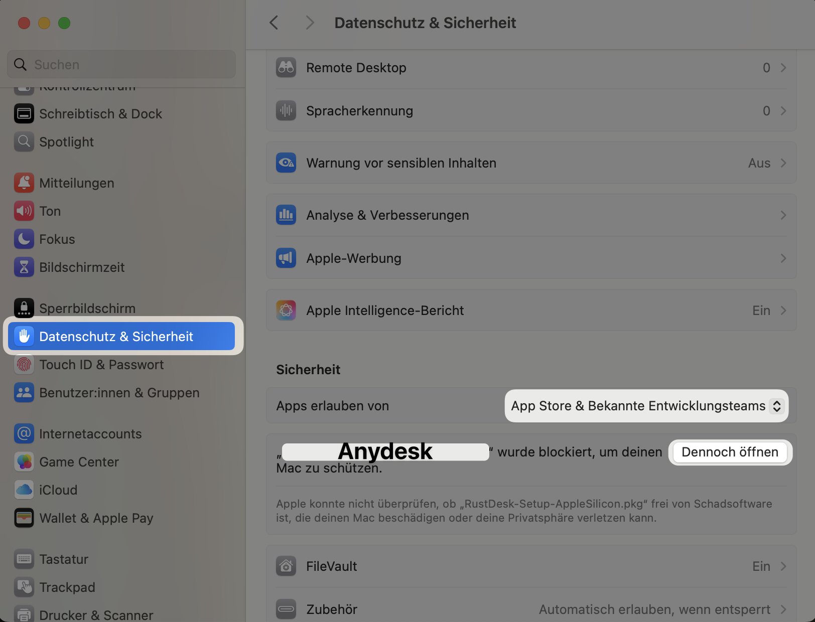 Systemeinstellungen → „Dennoch öffnen"