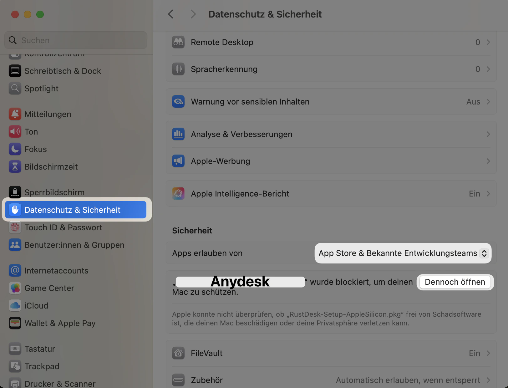 Systemeinstellungen → „Dennoch öffnen"