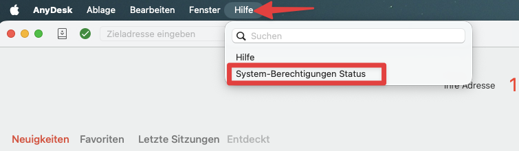 AnyDesk-Menü Hilfe → System-Berechtigungen Status