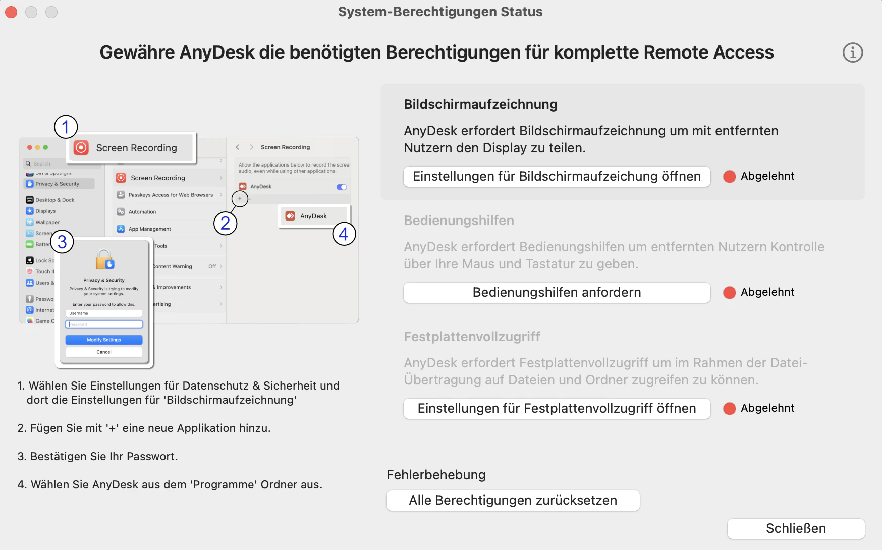AnyDesk „Berechtigungen fehlen"