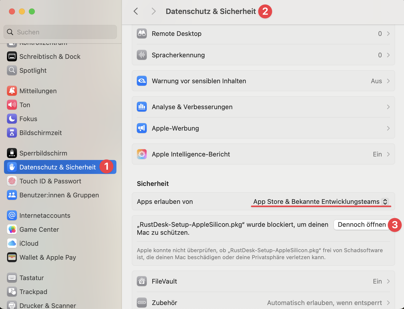 Systemeinstellungen → „Dennoch öffnen"