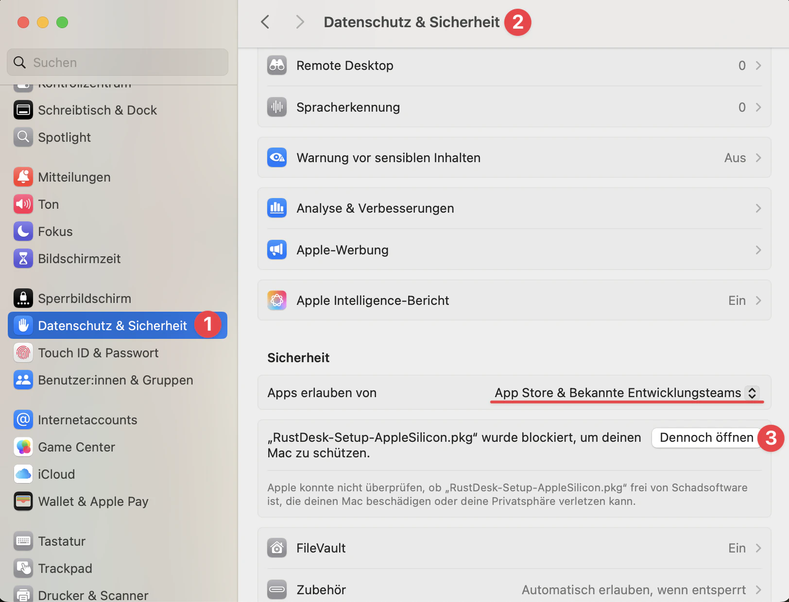 Systemeinstellungen → „Dennoch öffnen"