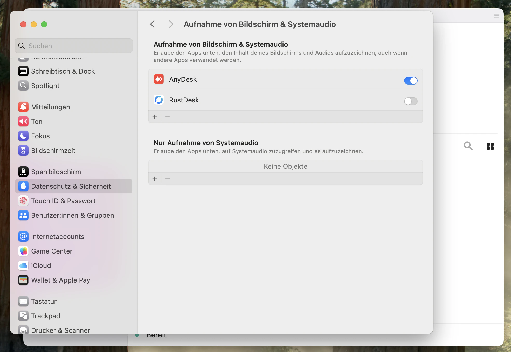 Systemeinstellungen → Bildschirmaufnahme → RustDesk aktivieren